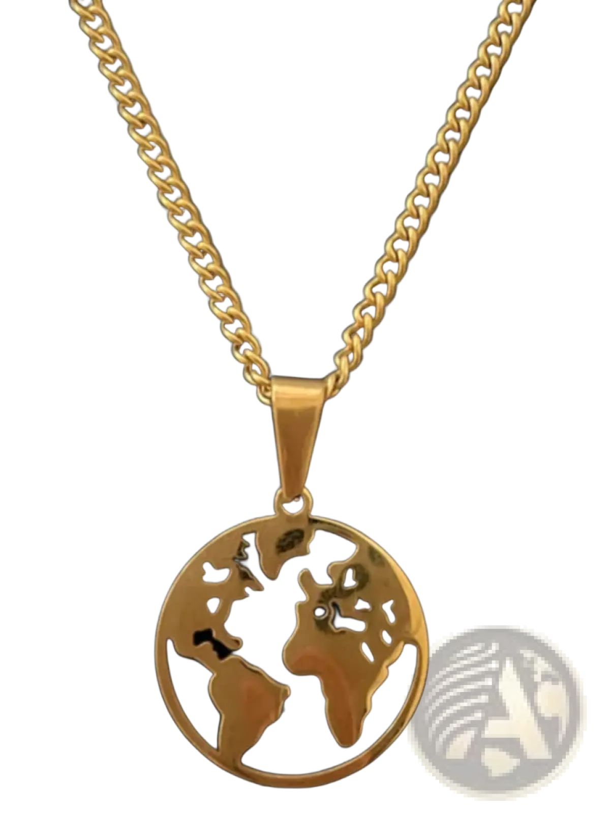Gold-toned globe pendant necklace with hollow continent cut-out on disc from angel wing and compass pendant rope chain collection