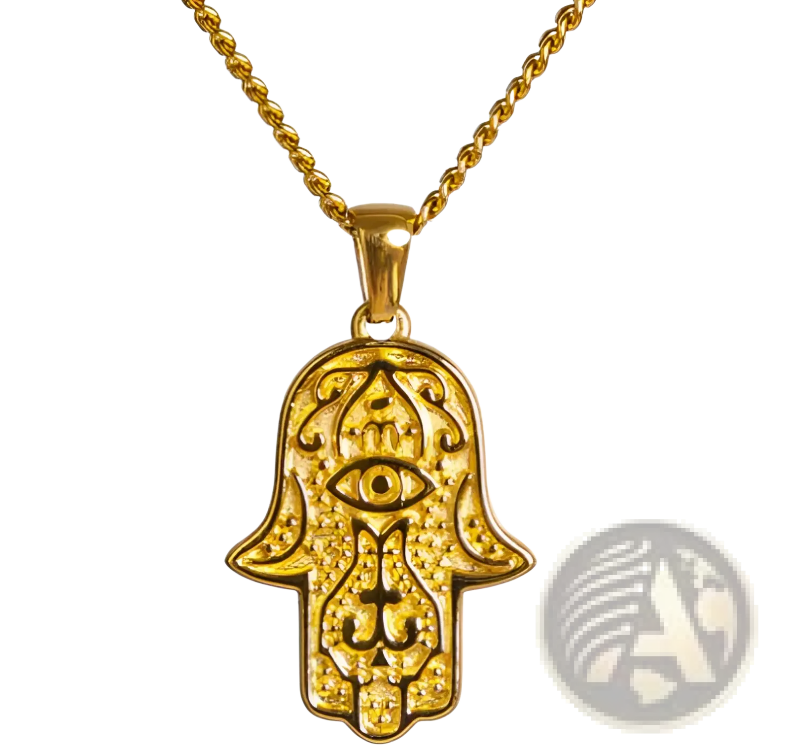 Gold-toned hamsa hand pendant with intricate engravings and central eye on a twisted chain from angel wing and compass necklaces