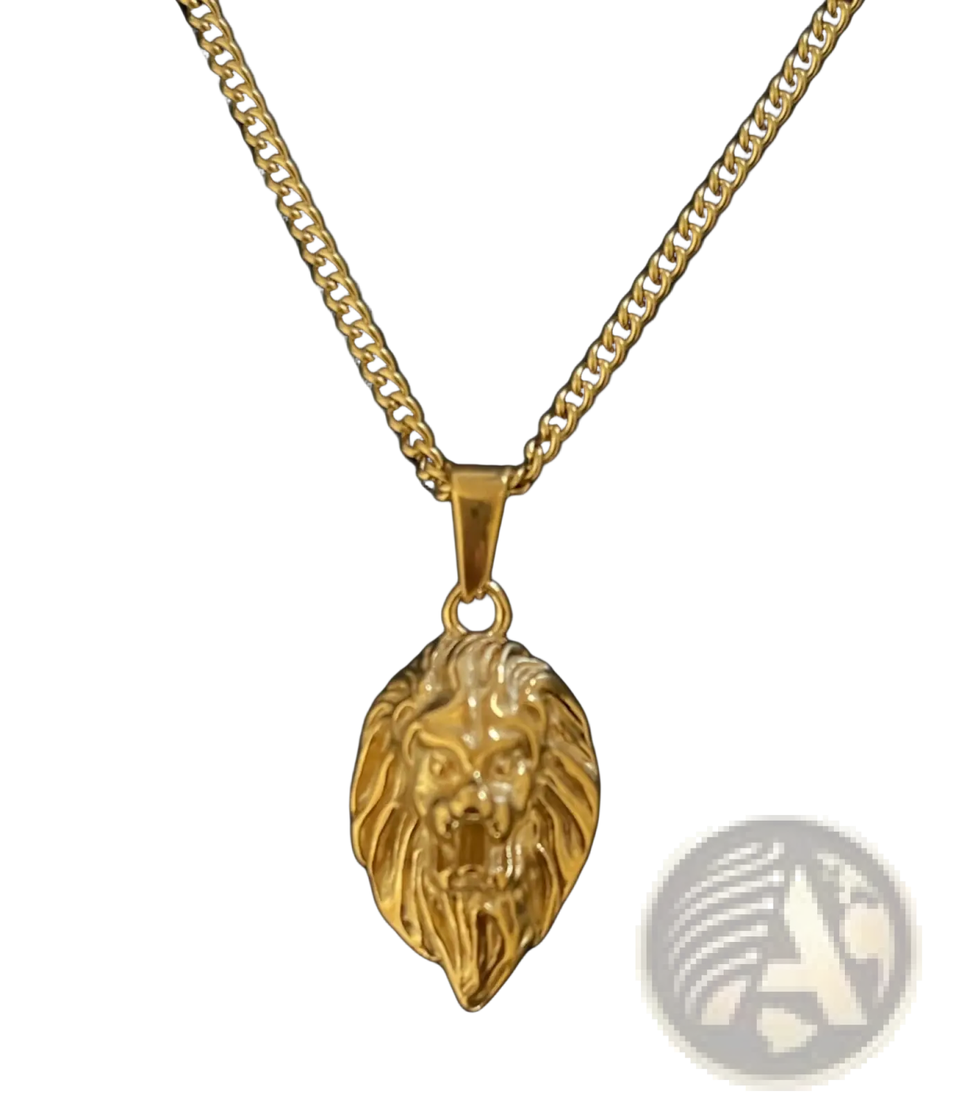 Gold-colored lion head pendant on matching gold chain from angel wing and compass pendant rope chain necklaces