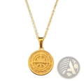 Gold-toned angel wing and compass circular pendant hanging from a matching rope chain necklace in gold tone