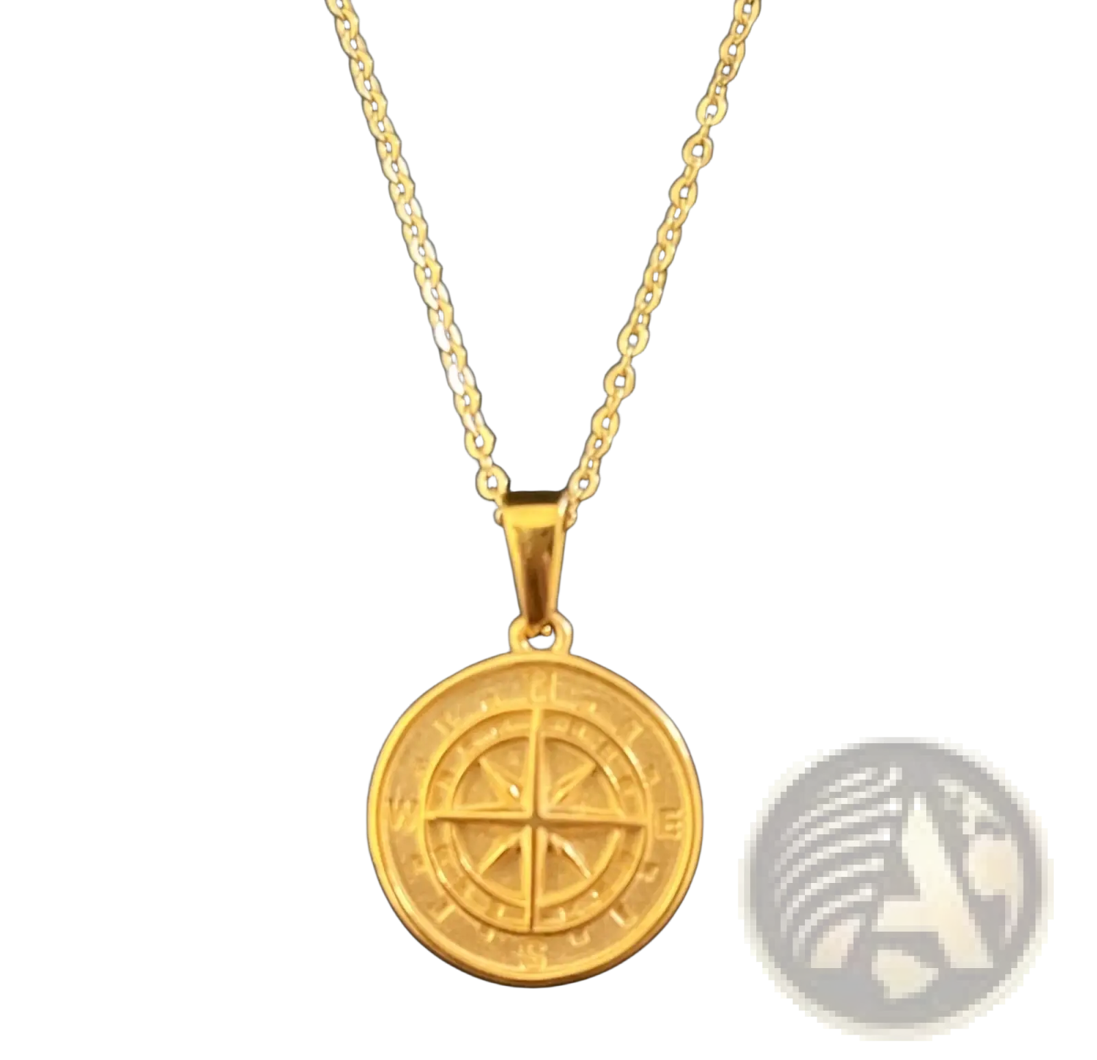 Gold-toned angel wing and compass circular pendant hanging from a matching rope chain necklace in gold tone