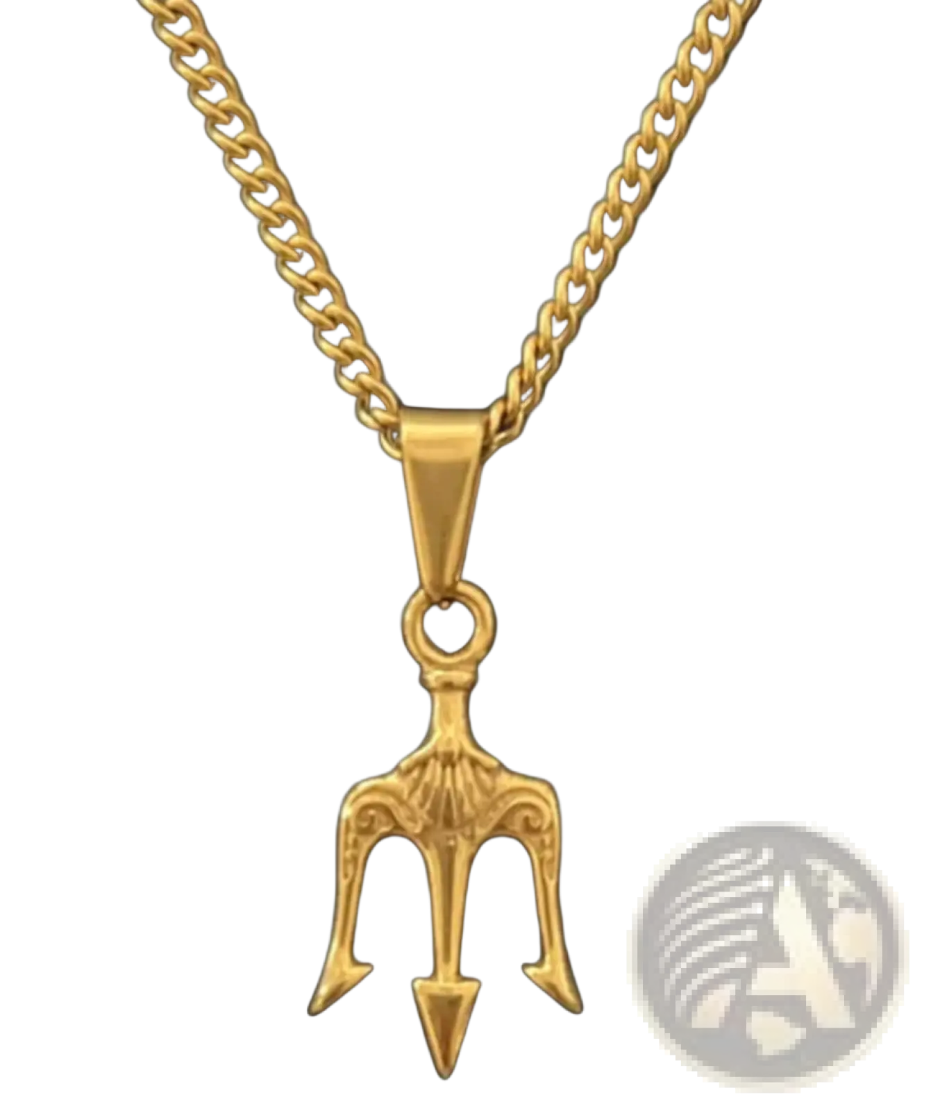 Gold-colored trident pendant hanging from a matching gold rope chain in angel wing and compass pendant necklace set