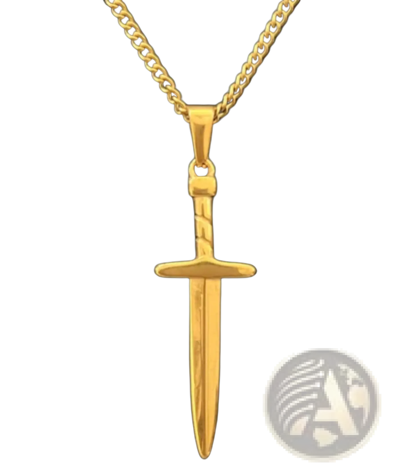 Gold-colored sword-shaped angel wing and compass pendant hanging from a matching gold rope chain necklace