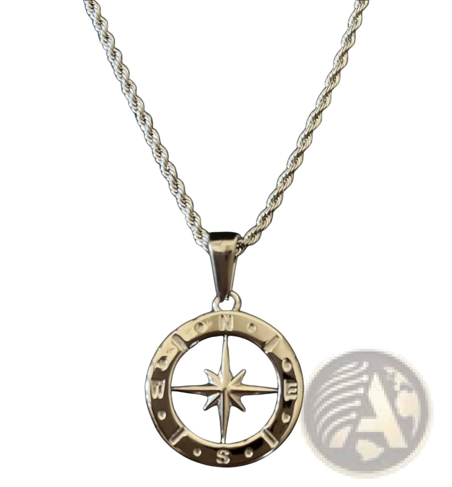 Silver compass pendant necklace with rope chain from angel wing and compass pendant rope chain necklaces collection