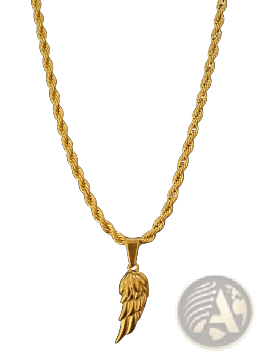Gold-colored twisted rope chain necklace with detailed angel wing pendant from angel wing and compass pendant collection