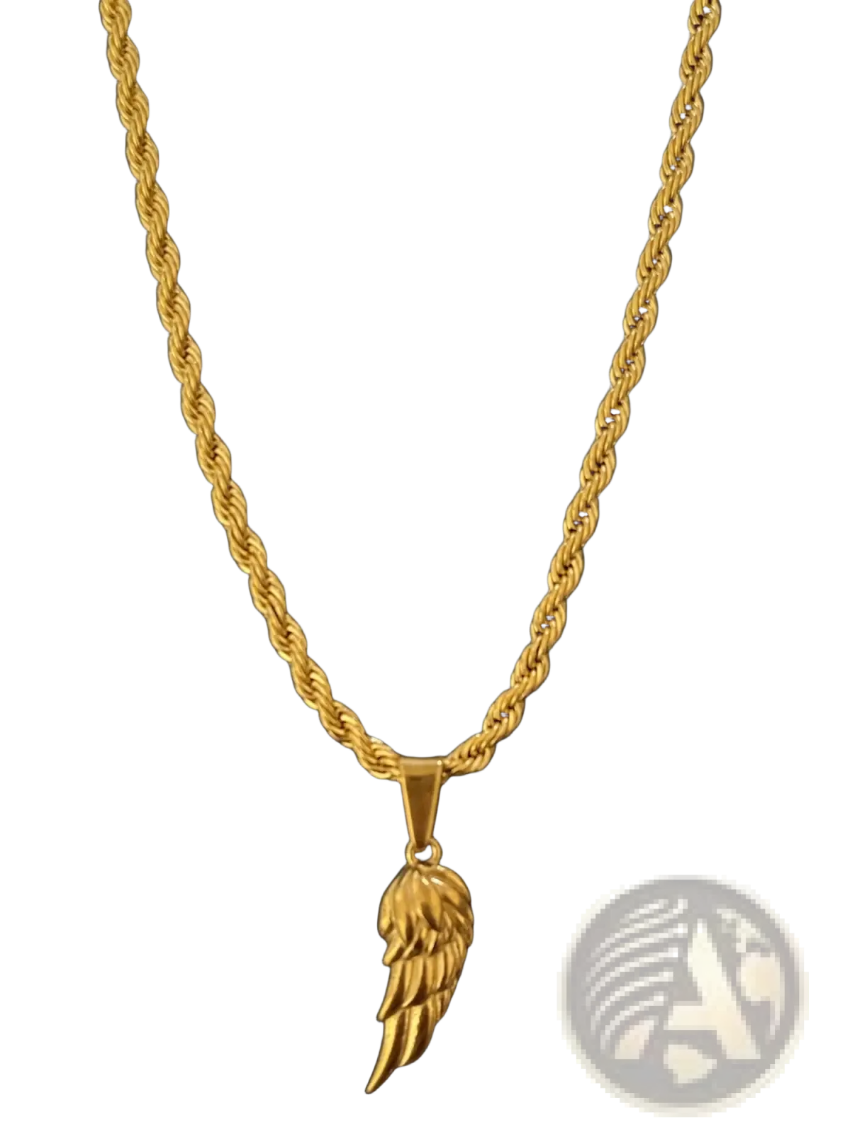 Gold-colored twisted rope chain necklace with detailed angel wing pendant from angel wing and compass pendant collection