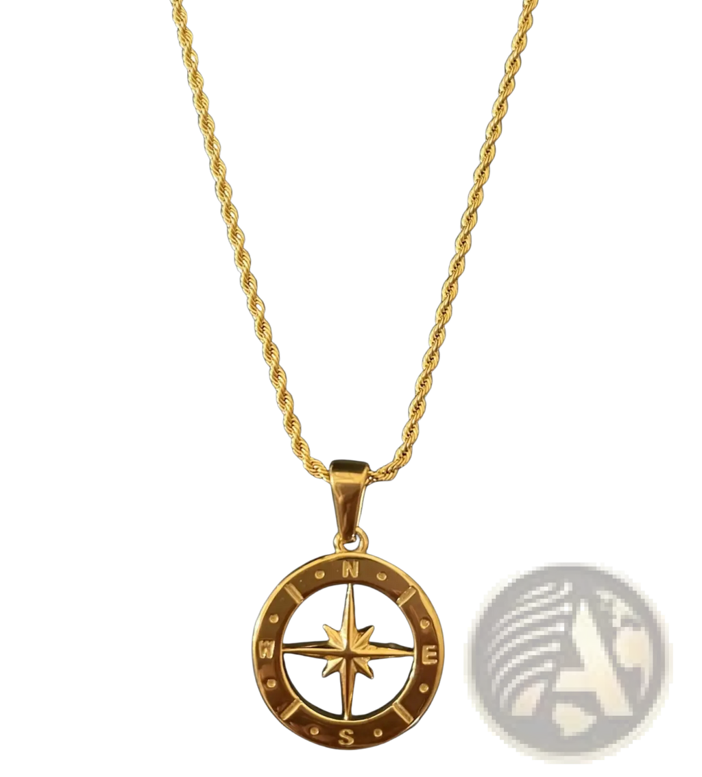 Gold-toned angel wing and compass pendant on a twisted rope chain necklace showcasing elegant design and craftsmanship