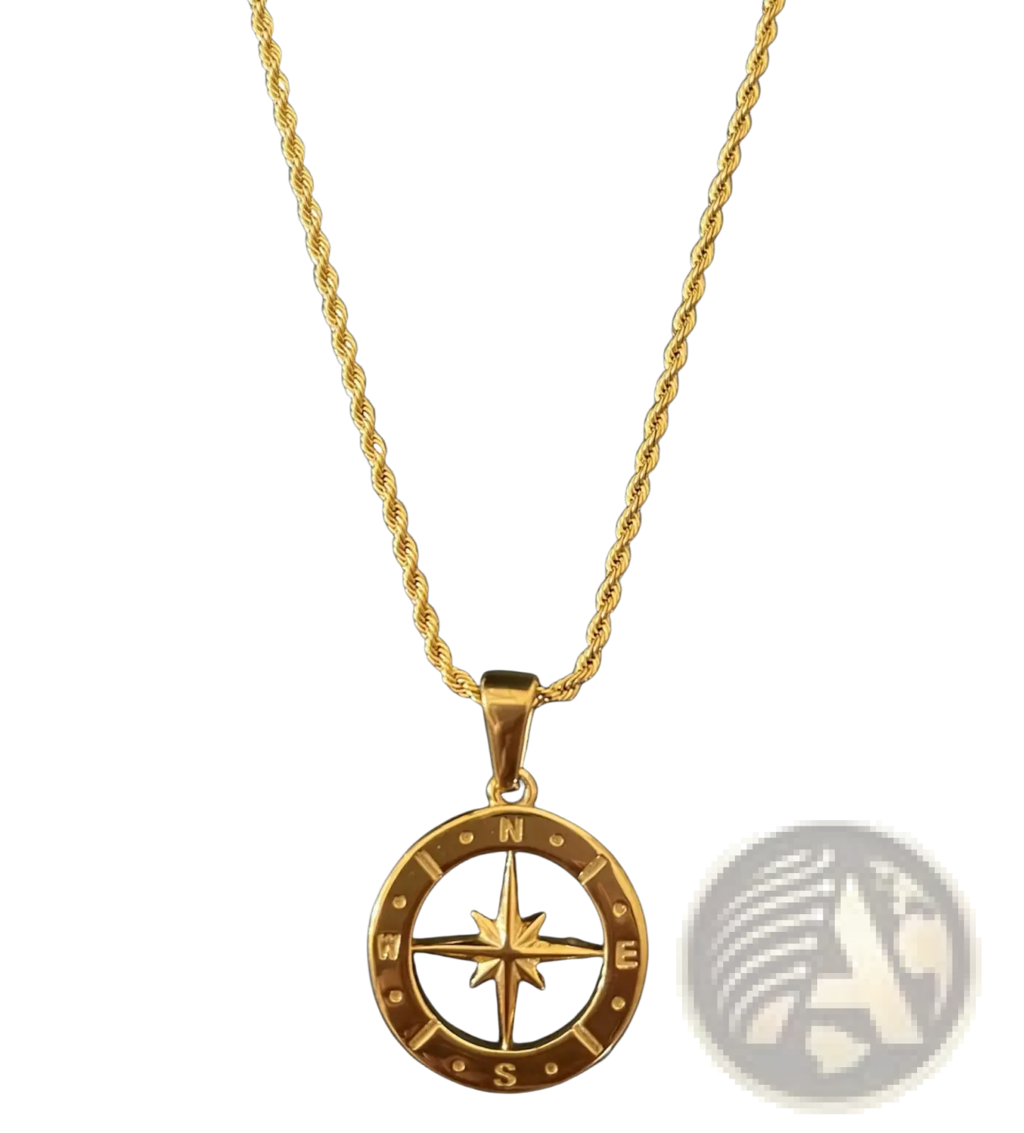Gold-toned angel wing and compass pendant on a twisted rope chain necklace showcasing elegant design and craftsmanship