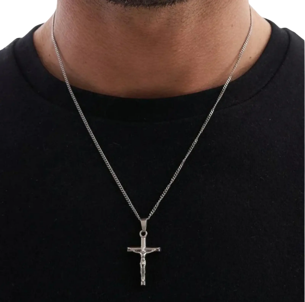 Silver crucifix pendant on a fine chain from the angel wing and compass pendant rope chain necklaces collection