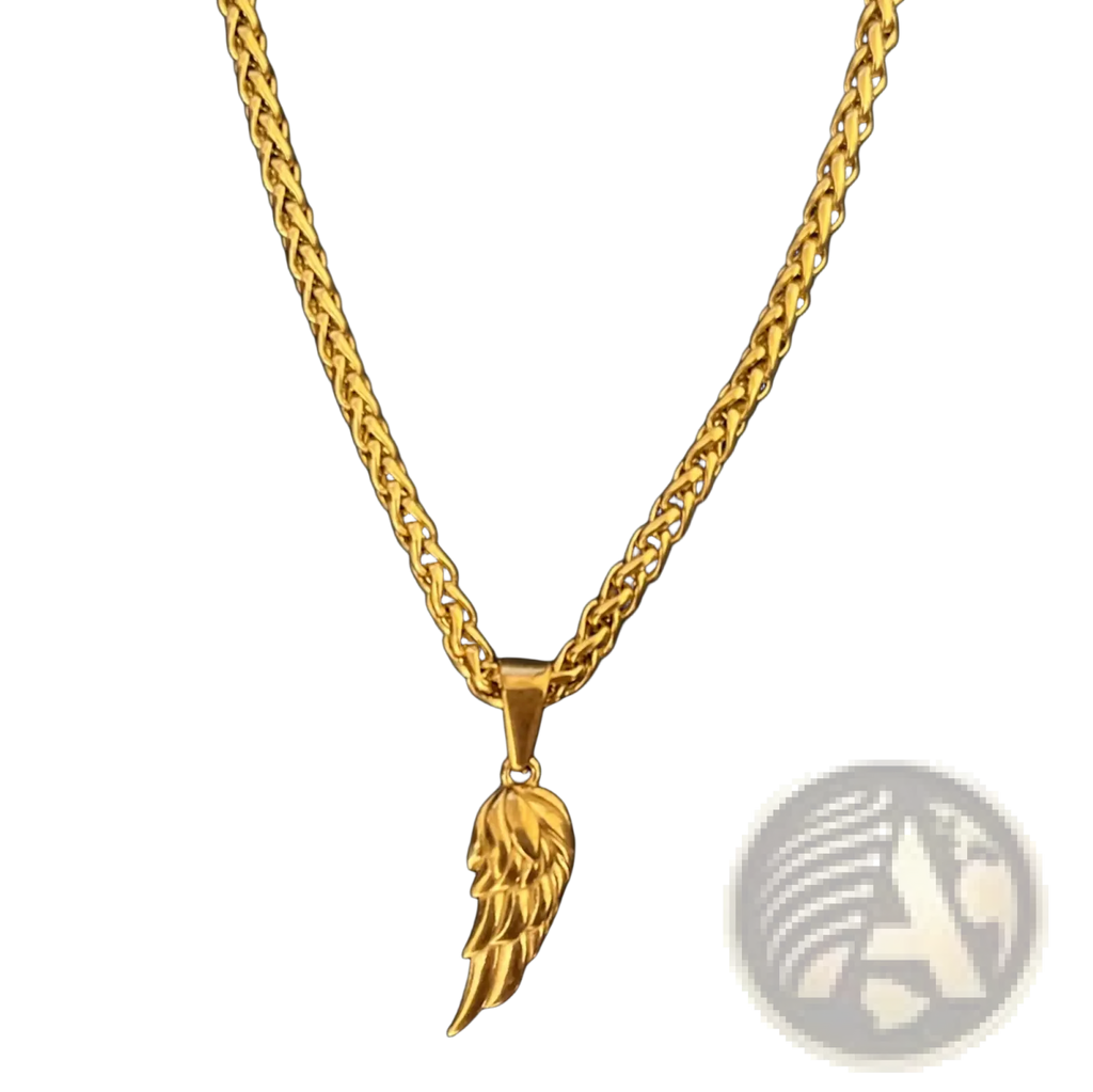 Gold-plated angel wing pendant hanging from braided stainless steel rope chain in angel wing and compass necklace