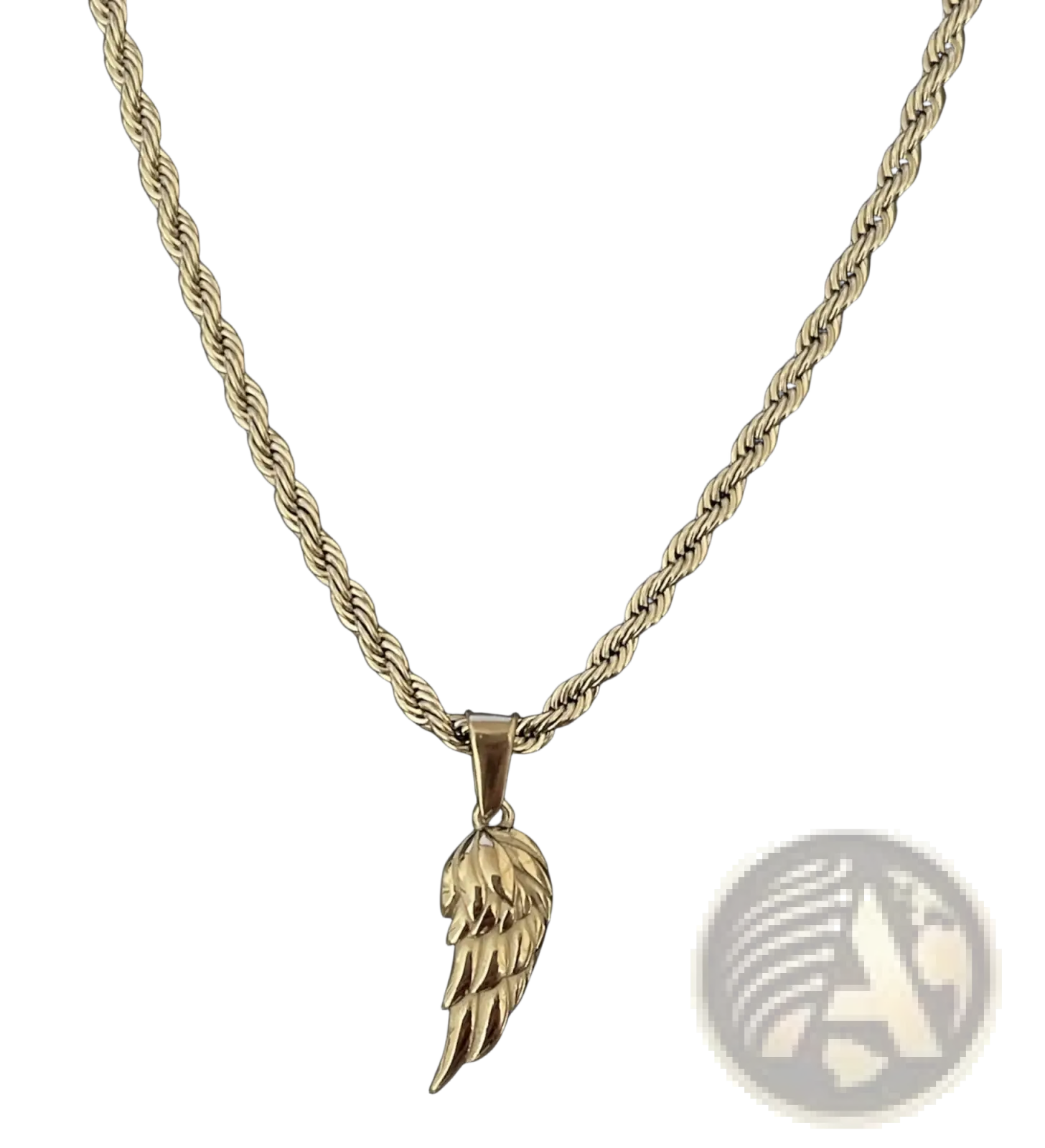 Gold-colored angel wing pendant hanging from a twisted rope chain in angel wing and compass pendant rope chain necklaces
