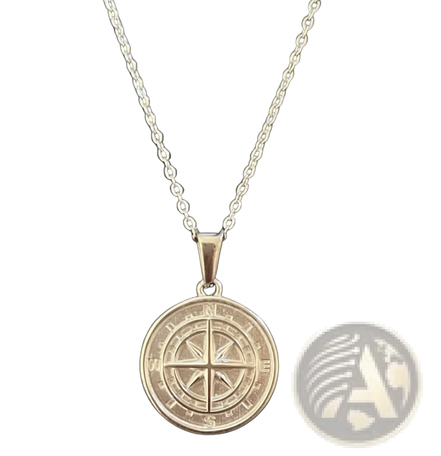 Silver angel wing and compass pendant necklace with intricate engraved directions on a classic rope chain