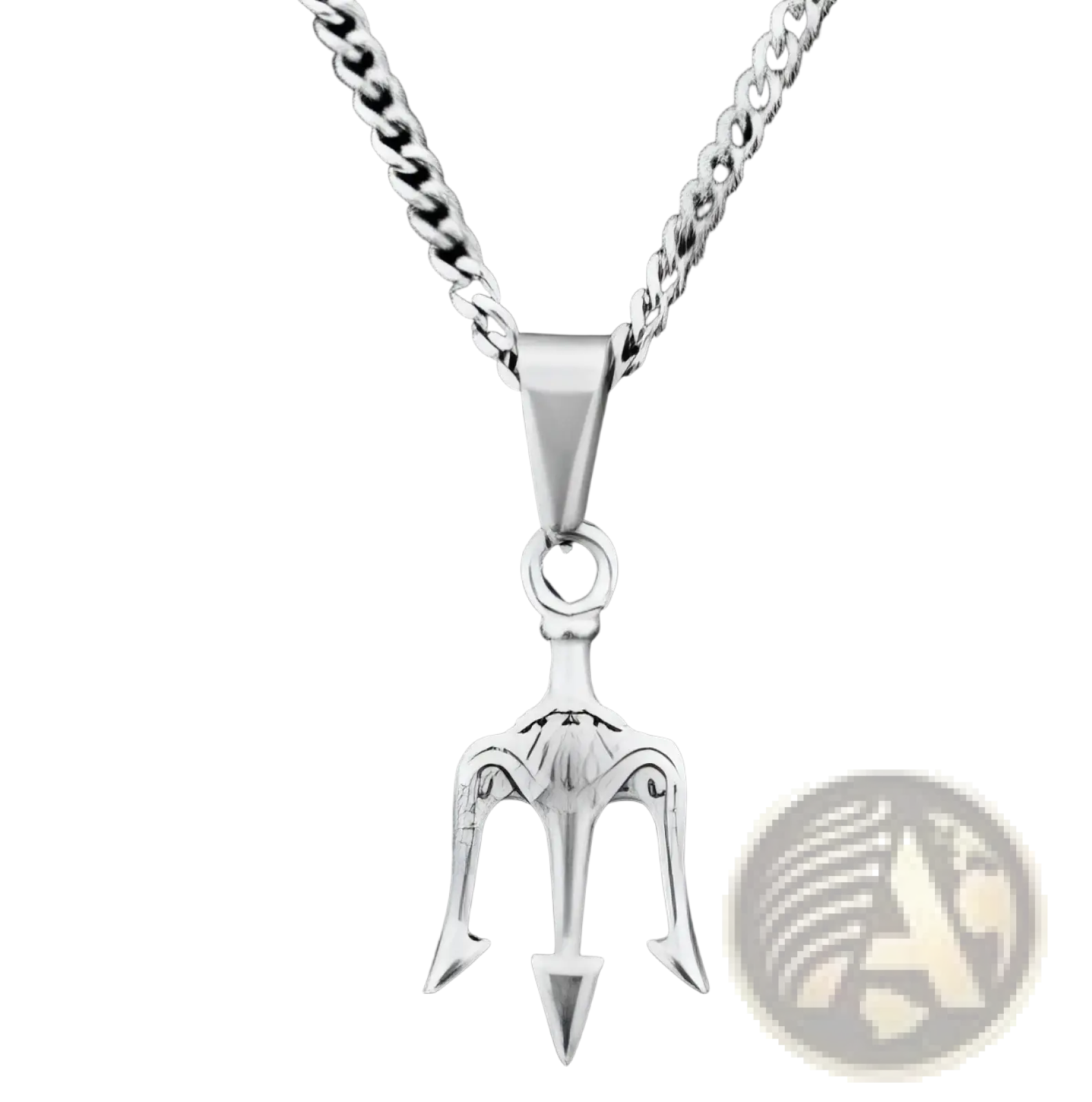 Silver trident pendant necklace with polished three-pronged design and linked chain in angel wing and compass collection