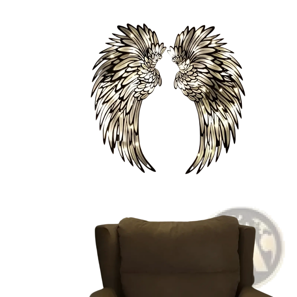 Angel wings metal wall art glowing with intricate feather details and embedded led lights on metallic surface
