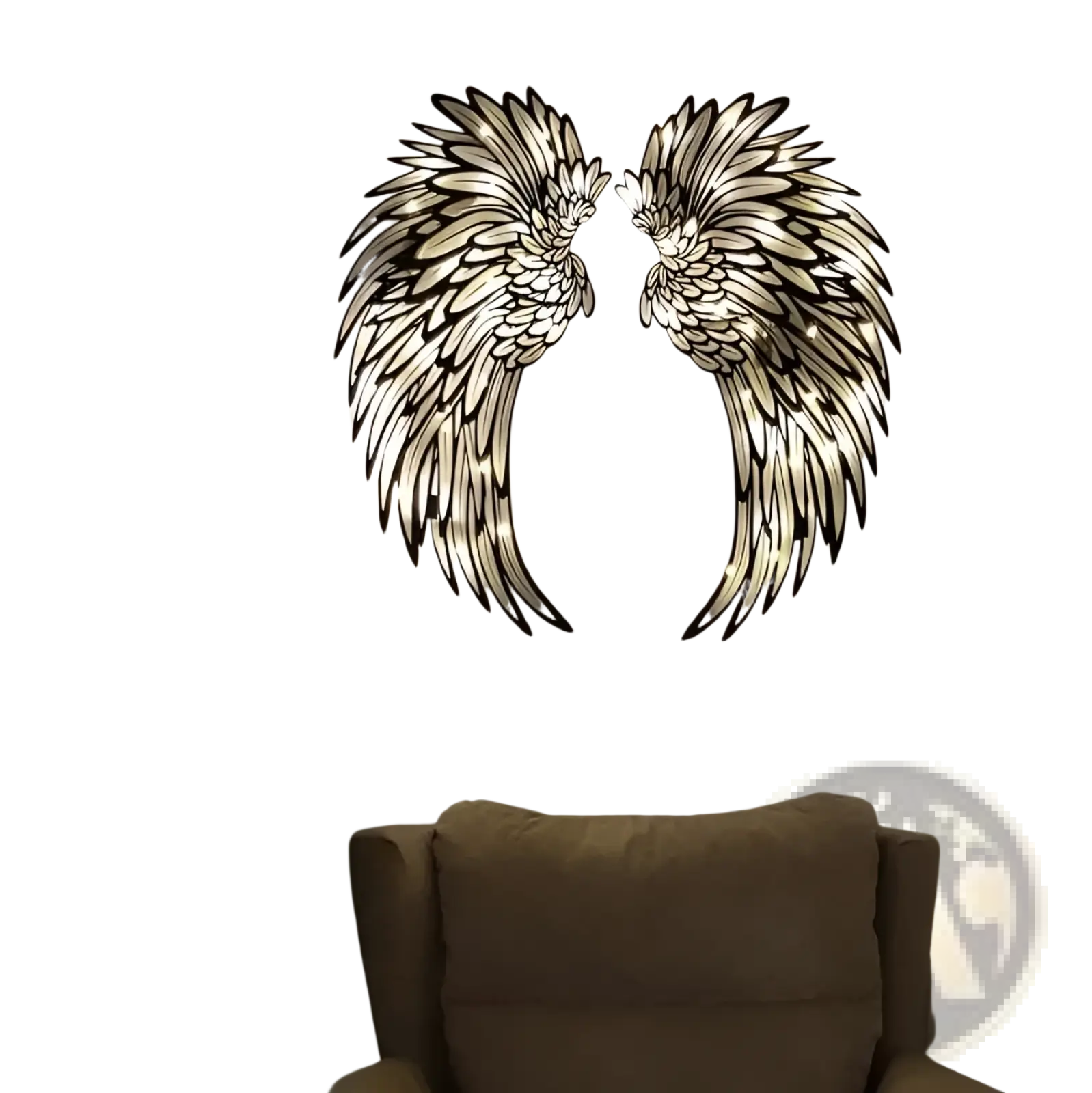 Angel wings metal wall art glowing with intricate feather details and embedded led lights on metallic surface