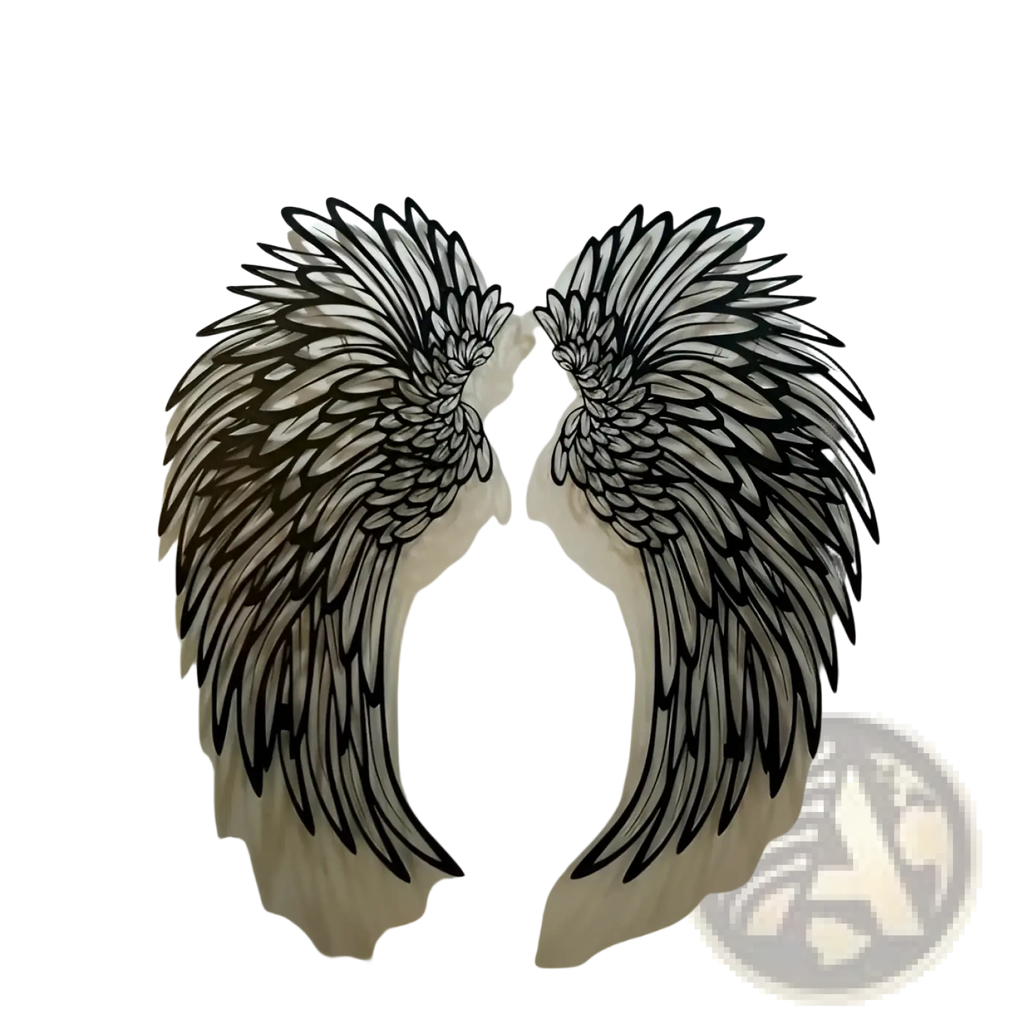 Black metal angel wing wall art with intricate feather detailing and led lights for decorative display