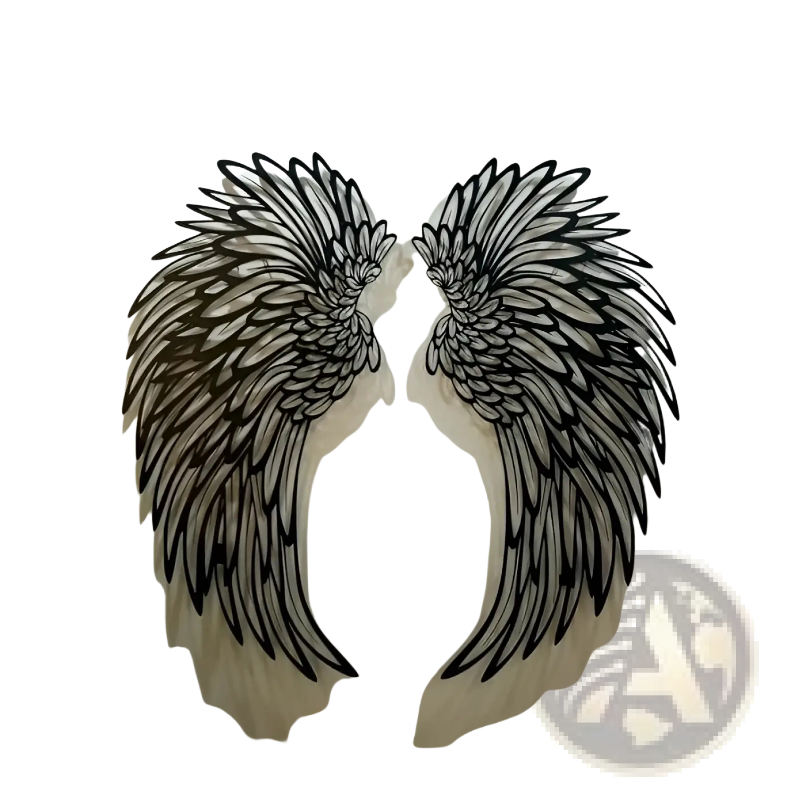Black metal angel wing wall art with intricate feather detailing and led lights for decorative display