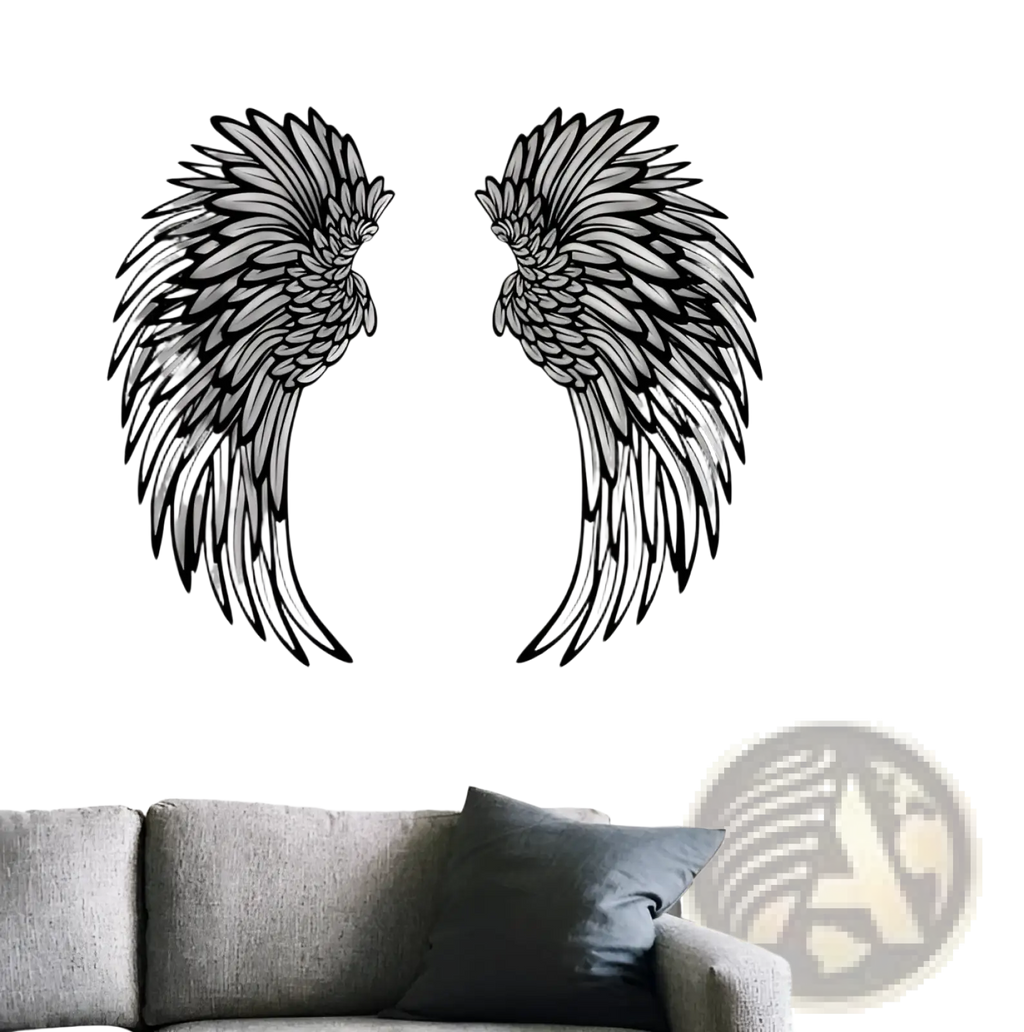 Black metal angel wing wall art with led lights featuring intricate feather detailing for decorative use