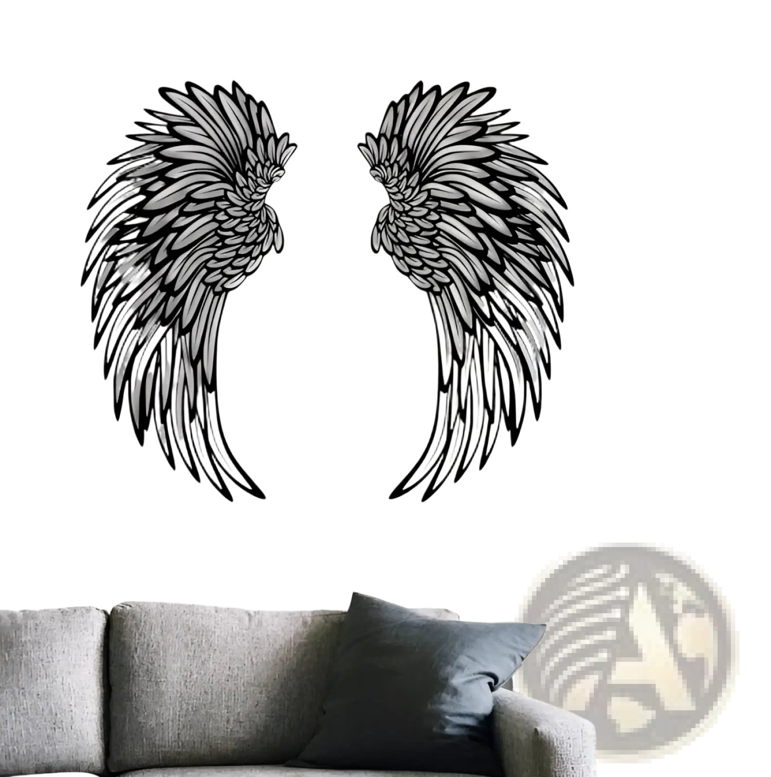 Black metal angel wing wall art with led lights featuring intricate feather detailing for decorative use