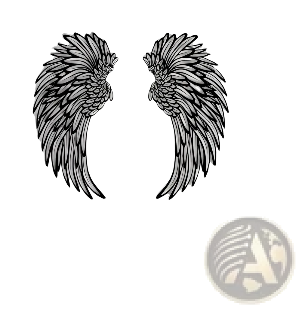 Black and white illustrated angel wings metal wall art with detailed feather patterns and led lights decoration