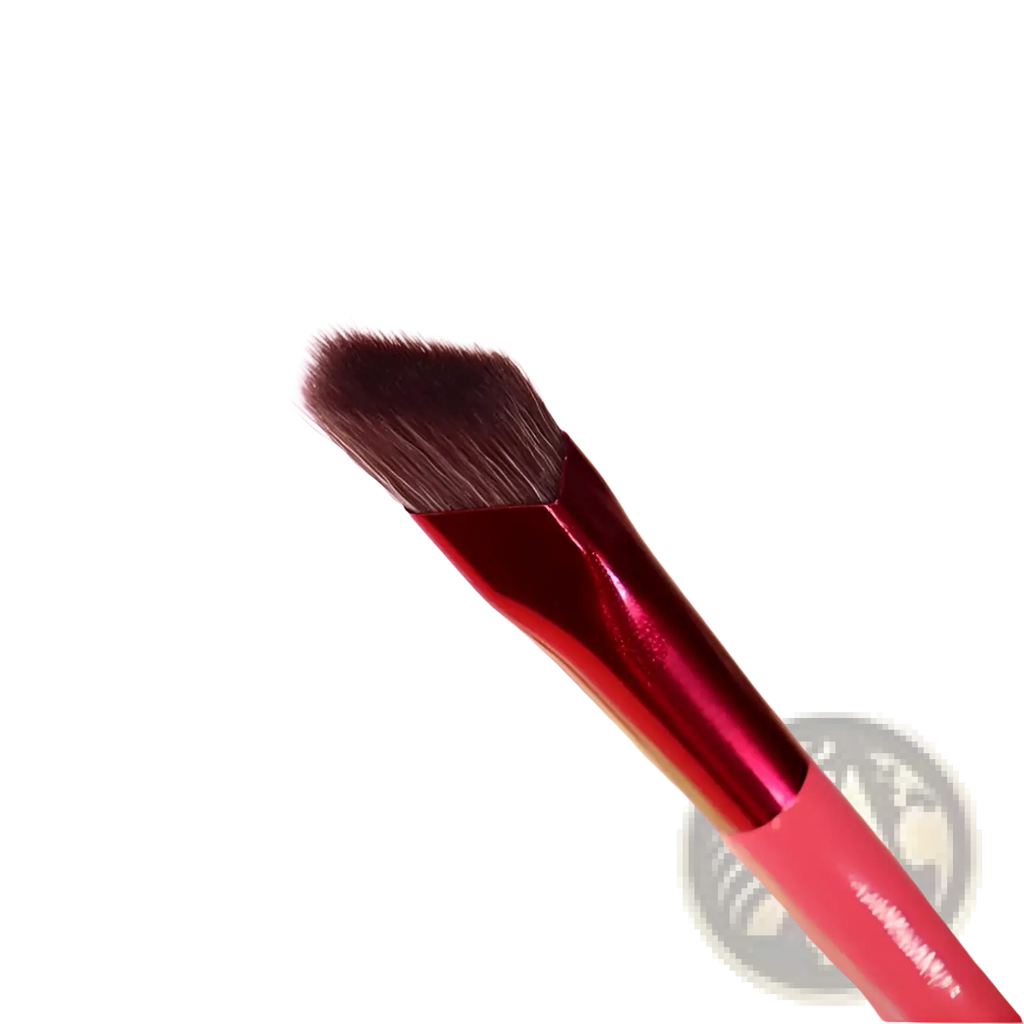 Angled eyebrow and concealer makeup brush with sleek red handle and dense angled black synthetic bristles for precision use