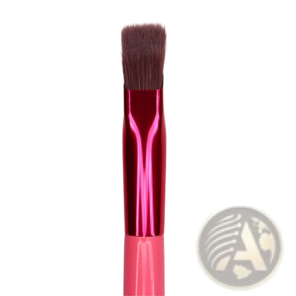 Angled eyebrow and concealer makeup brush with vibrant pink and magenta handle and dense dark brown bristles