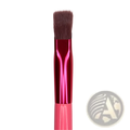 Angled eyebrow and concealer makeup brush with vibrant pink and magenta handle and dense dark brown bristles