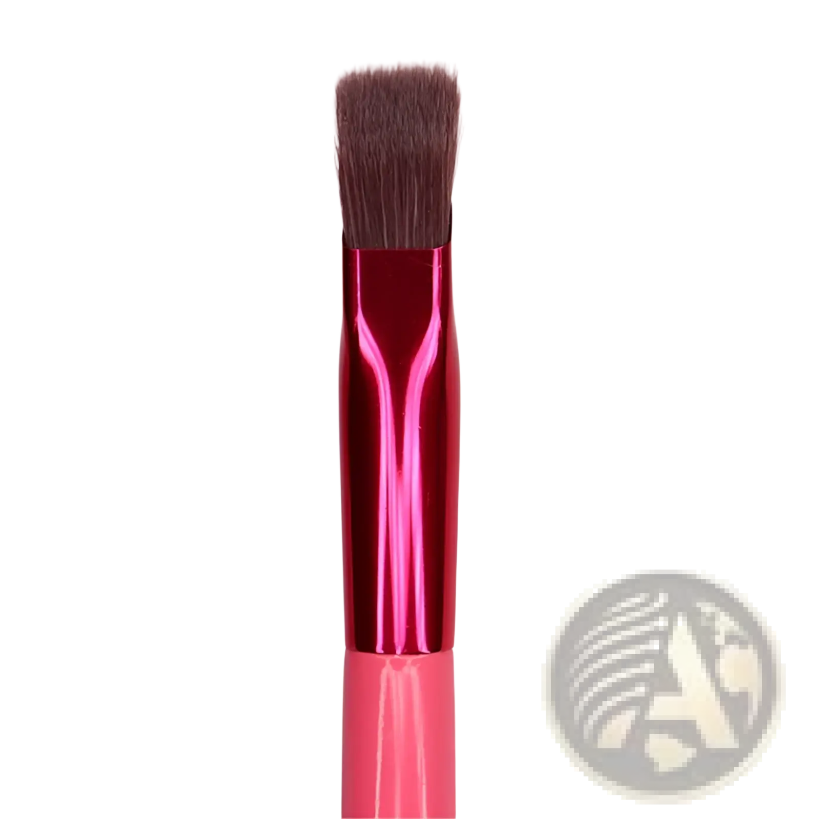 Angled eyebrow and concealer makeup brush with vibrant pink and magenta handle and dense dark brown bristles