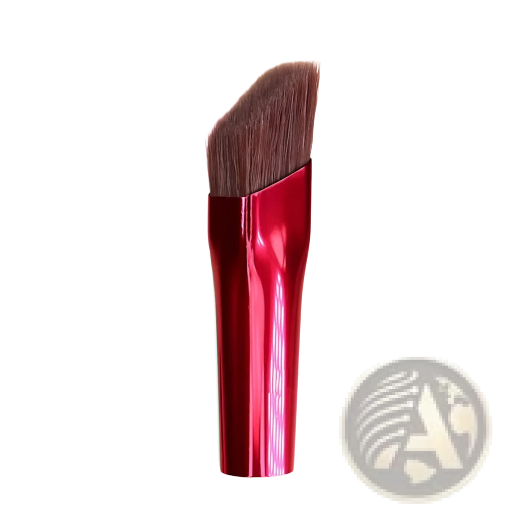 A sleek metallic red angled eyebrow and concealer makeup brush with dense brown bristles for precise application