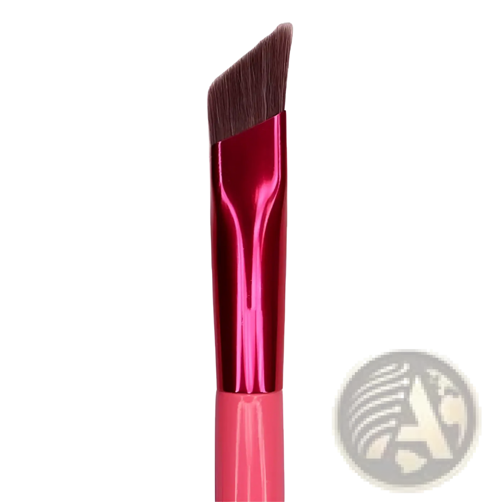A vibrant pink angled eyebrow and concealer makeup brush with glossy metallic handle and dense dark brown bristles