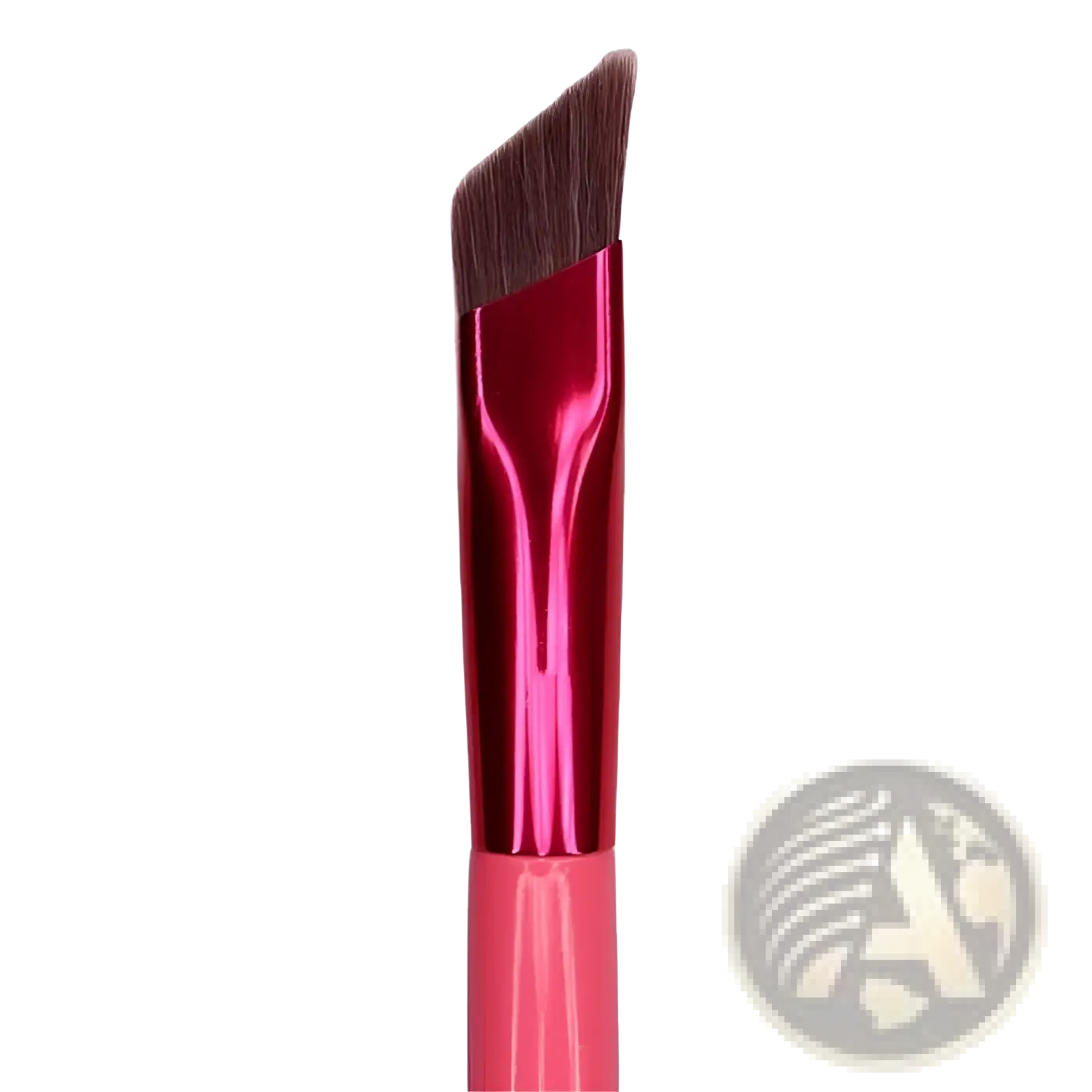 A vibrant pink angled eyebrow and concealer makeup brush with glossy metallic handle and dense dark brown bristles