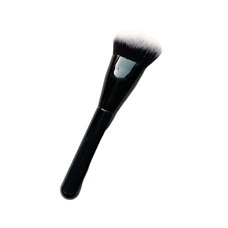 Angled foundation makeup brush black synthetic with a dense tapered head and soft white and black bristles