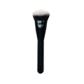 Angled foundation makeup brush with black synthetic handle and dense rounded head of soft white and black bristles