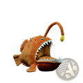 Orange plush anglerfish toy with white teeth and a yellow glowing lure measuring 25cm for decorative use