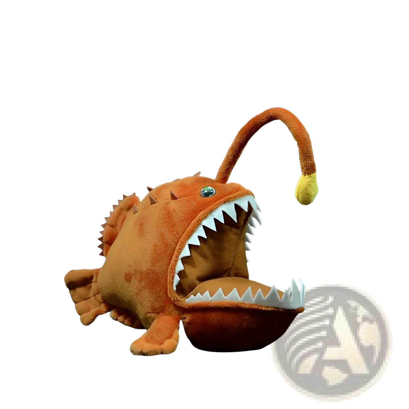Orange plush anglerfish toy with white teeth and a yellow glowing lure measuring 25cm for decorative use