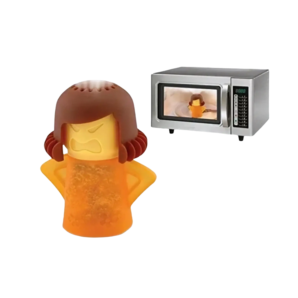 Orange silicone steam microwave cleaner shaped like angry woman with brown hair and angry facial expression