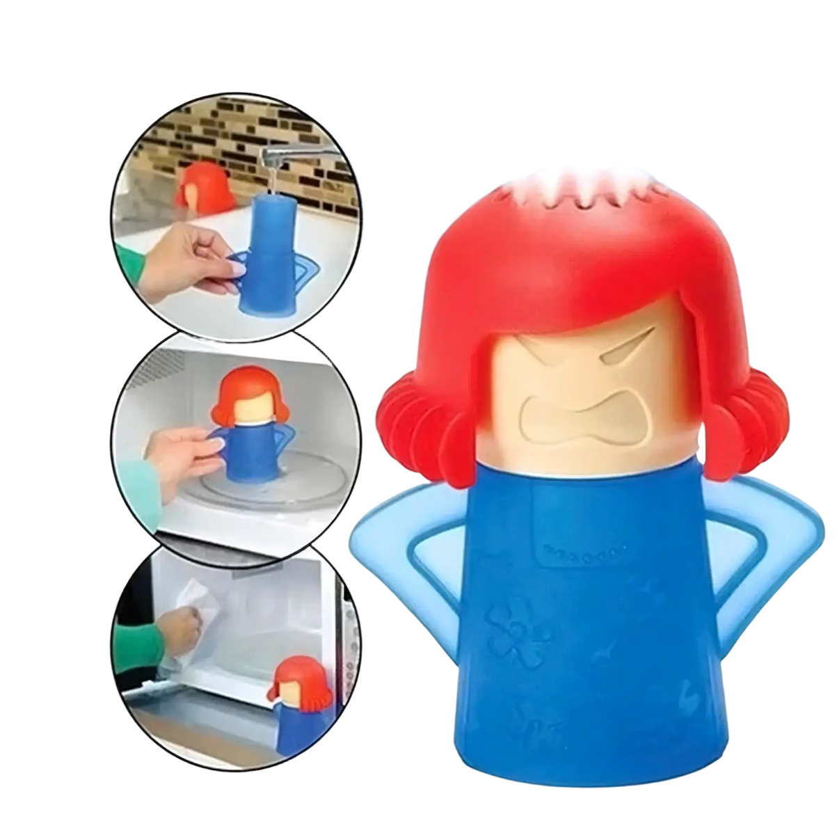 Angry woman steam microwave cleaner shaped like a red and blue cartoon woman with molded plastic hair and clothing