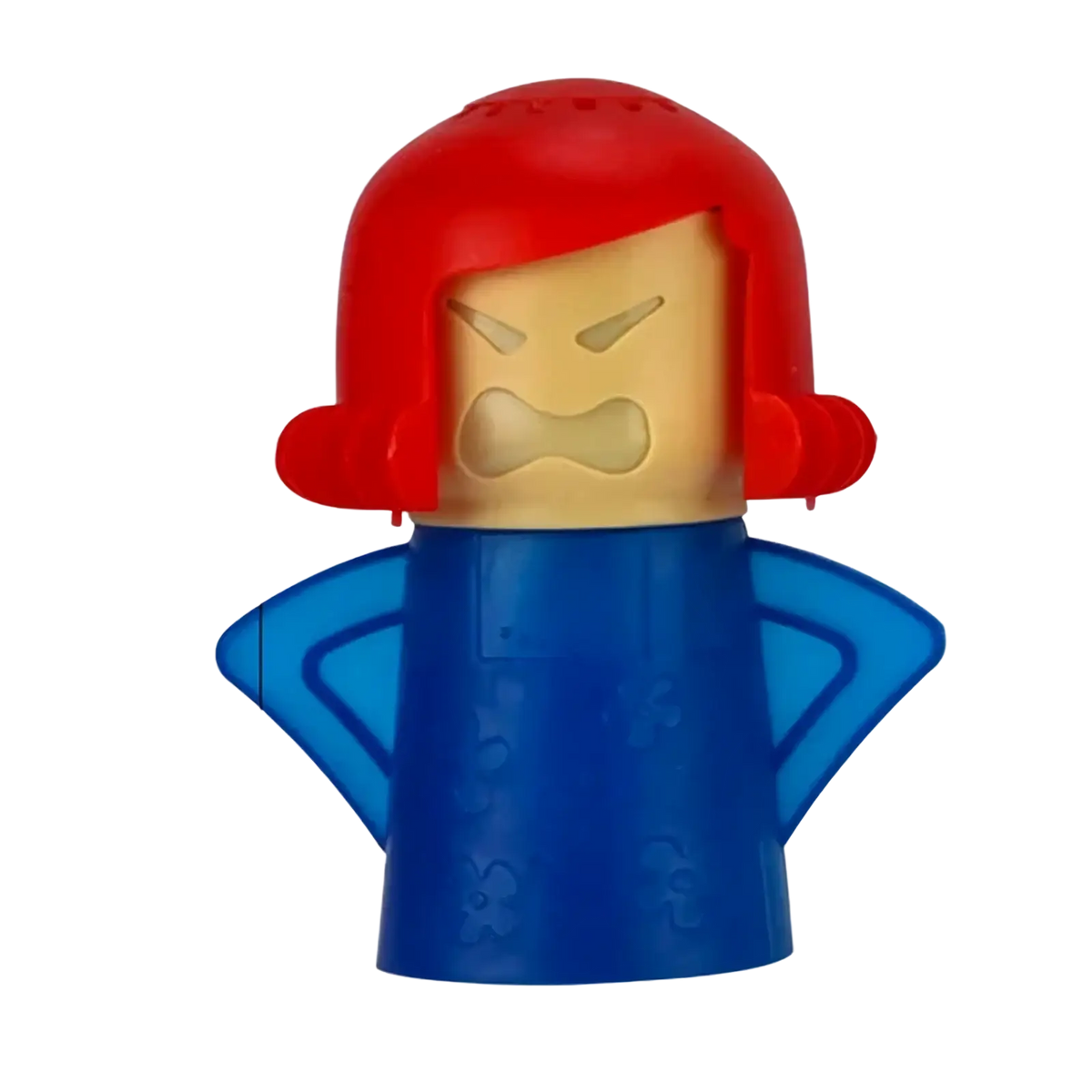 Angry woman steam microwave cleaner plastic figurine in red and blue designed as a kitchen utensil with an angry face