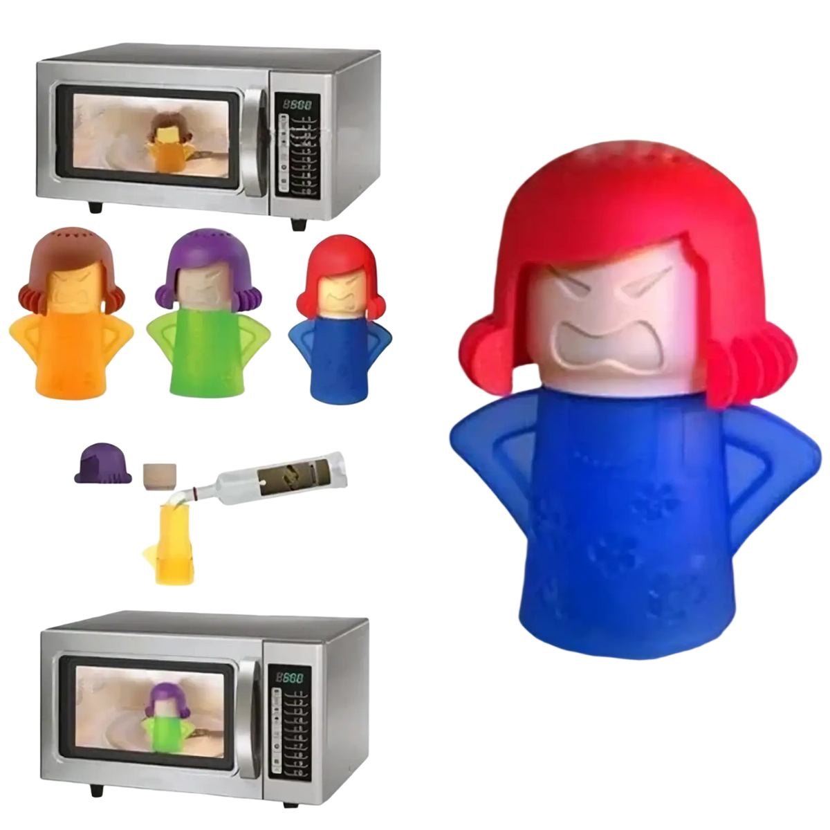 Red-haired blue-bodied silicone microwave steam deflector with angry expression and hands on hips for cleaning
