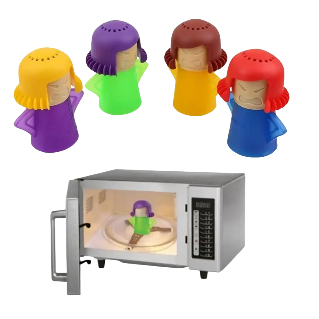 Set of five colorful silicone microwave tea infusers shaped like expressive cartoonish women for steam cleaning