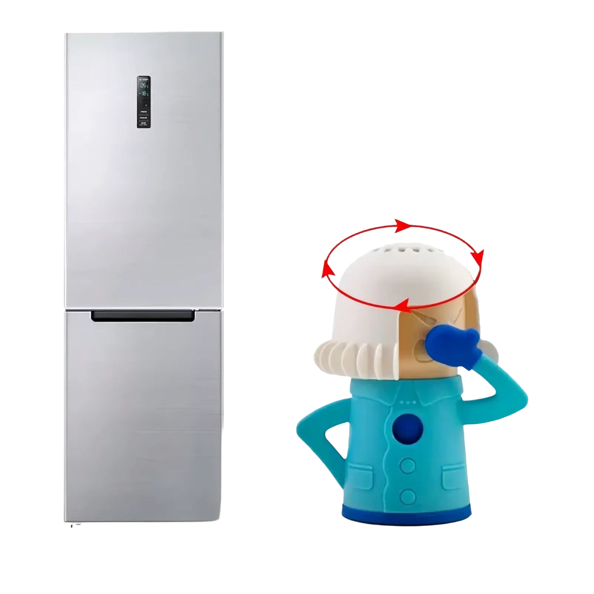 Silver stainless steel refrigerator with black handles and digital control panel for angry woman steam microwave cleaner