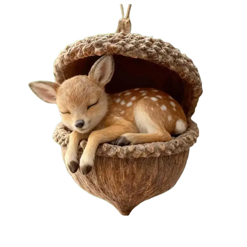 Acrylic animal christmas ornament featuring a brown and white fawn inside a textured acorn hanging decor for christmas tree