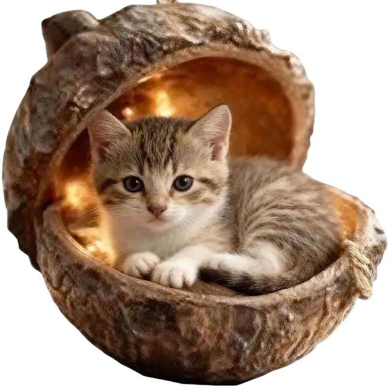 A cozy rustic acorn-shaped cat bed with textured brown exterior and warm lighting for animal christmas tree decor