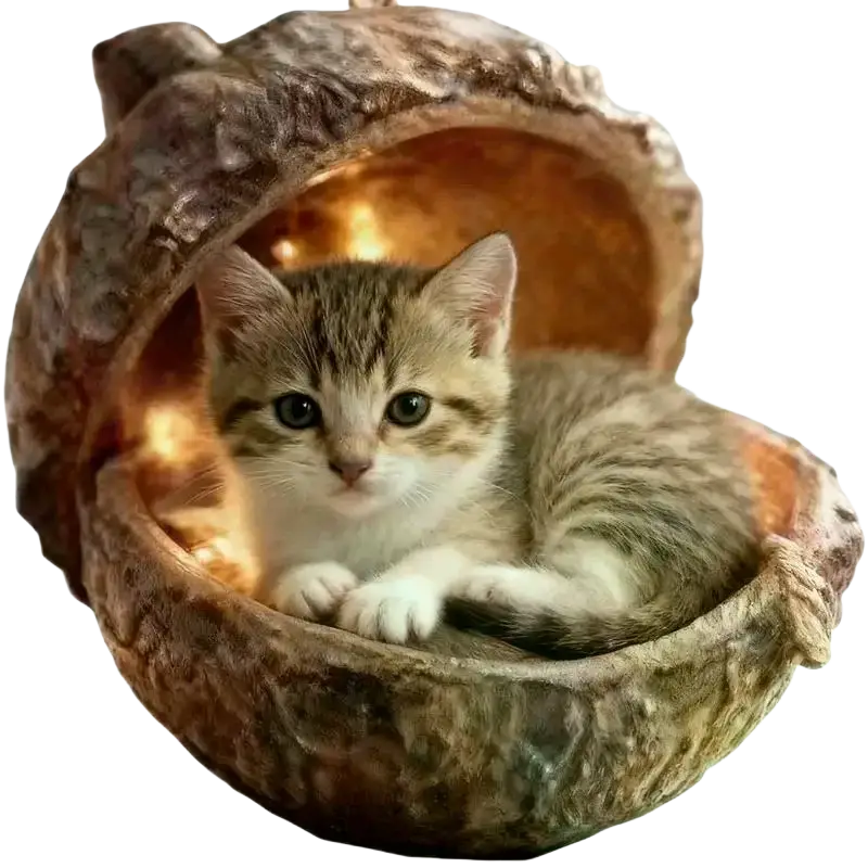 A cozy rustic acorn-shaped cat bed with natural wood finish and warm interior lighting for animal christmas tree decor