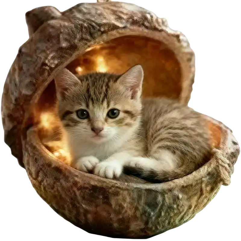 A cozy rustic acorn-shaped cat bed with textured brown exterior and warm interior lighting for animal christmas decor