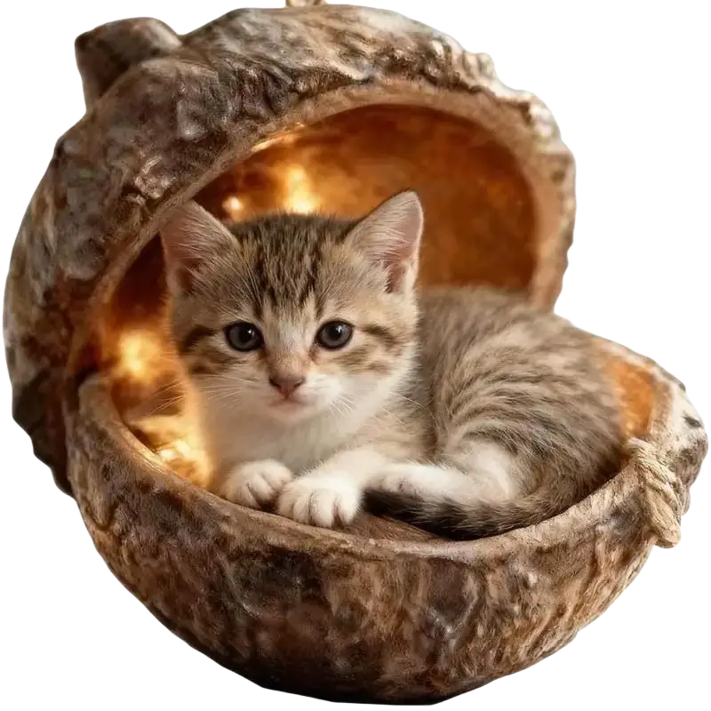 A cozy rustic walnut shell cat bed with warm interior light featured in animal christmas ornaments acrylic tree decor
