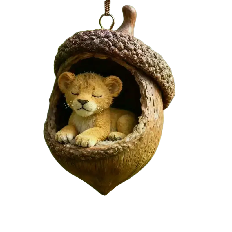 A handcrafted acorn-shaped animal christmas ornament featuring a sleeping lion cub for christmas tree decor
