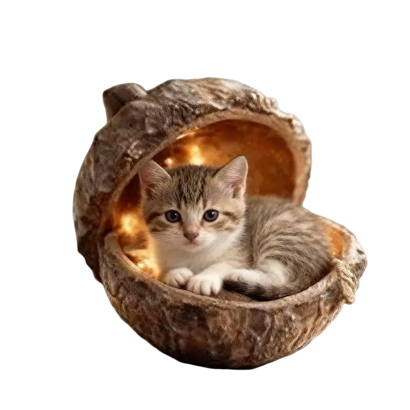 A tiny tabby kitten nestled inside a rustic acrylic animal christmas ornament with warm lighting for christmas tree decor