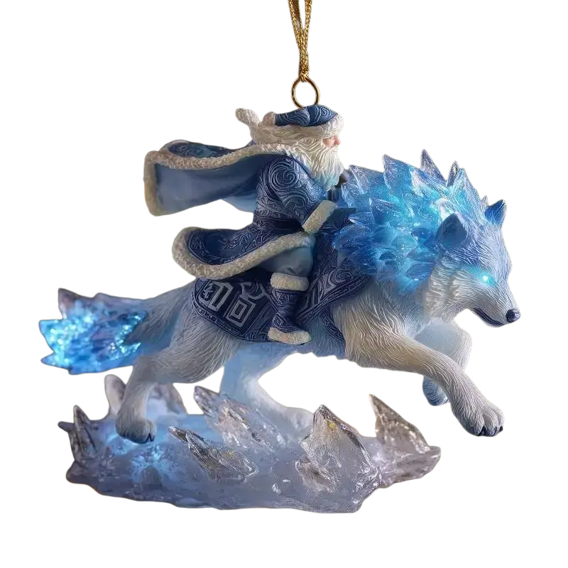 Blue and white acrylic animal christmas tree ornament of santa claus riding a glowing ice wolf with intricate patterns