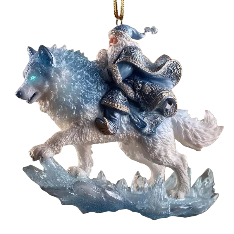 Blue and white resin animal christmas ornament featuring a bearded figure riding a glowing wolf for christmas tree decor
